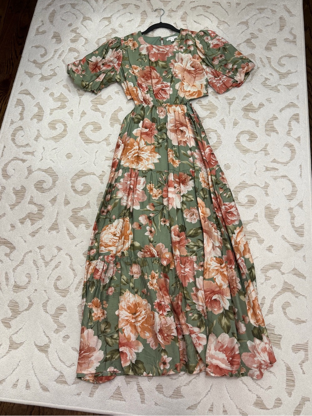 By The River Green Floral Maxi Dress with Puff Sleeves and Side Cut outs - NWT